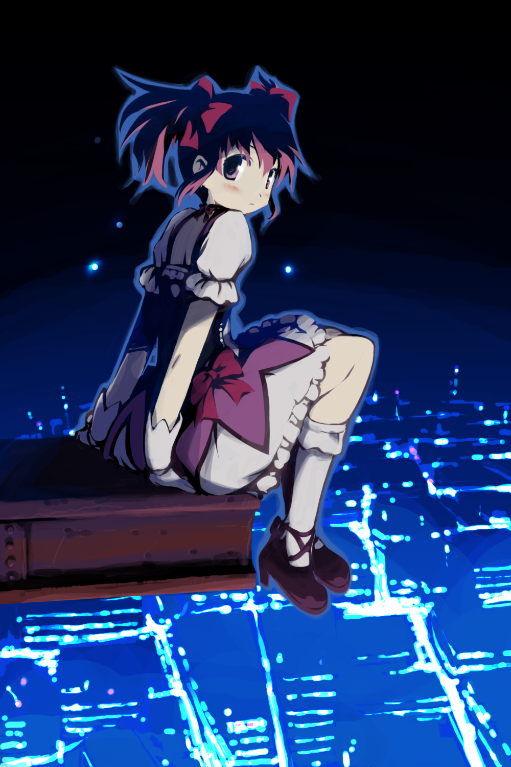 choker, cityscape, dress, gloves, hair_ribbon, highres, kaname_madoka, kneehighs, ko_azuma, magical_girl, mahou_shoujo_madoka_magica, night, pink_hair, purple_eyes, ribbon, short_hair, short_twintails, sitting, solo, twintails, violet_eyes, white_gloves, white_legwear