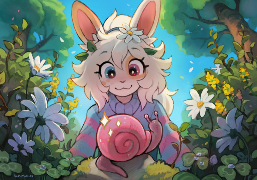 1girl, animal_ears, blue_eyes, blue_sky, clover, day, flower, furry