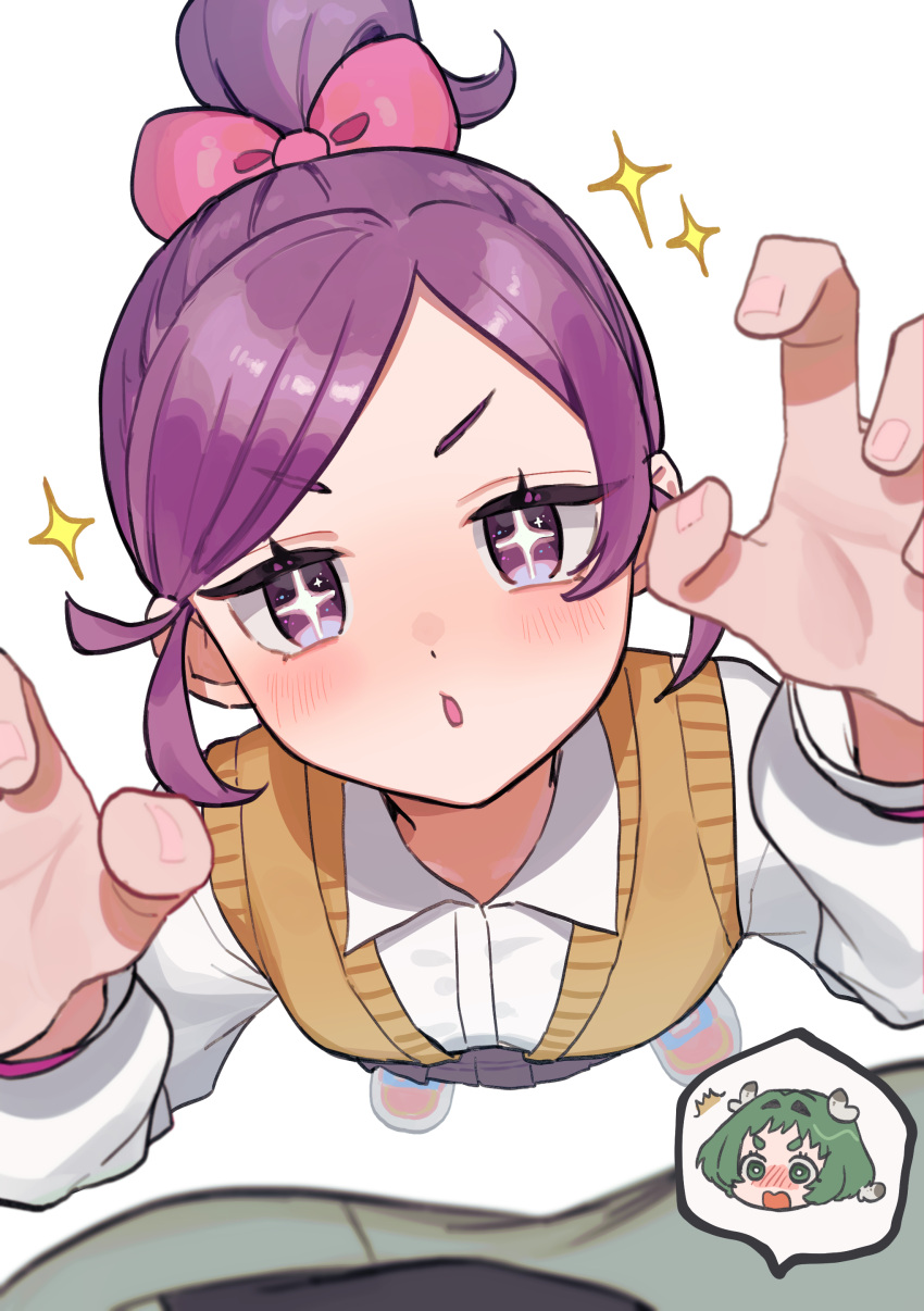 +_+, 2girls, ^^^, absurdres, blush, bow, breasts, bug