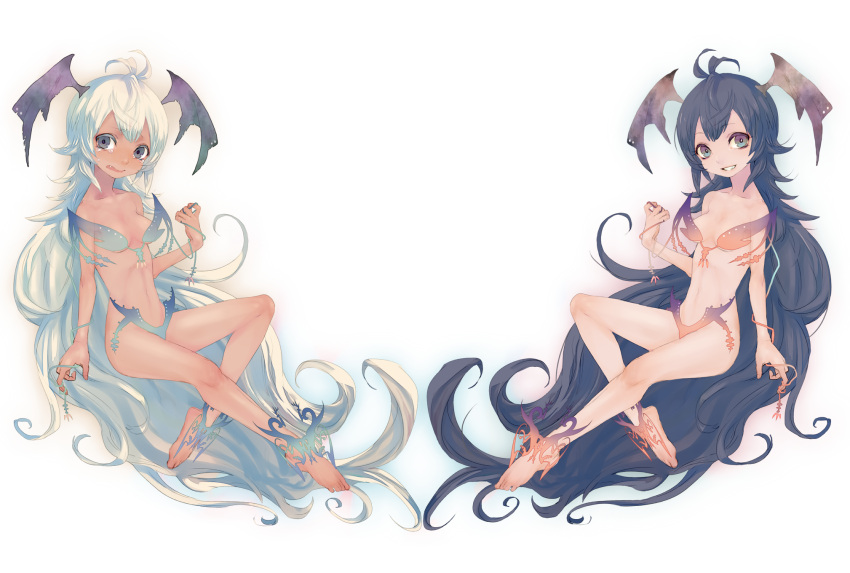 bare_legs, bare_shoulders, barefoot, black_hair, blue_eyes, breasts, collarbone, dark_skin, demon_girl, fang, head_wings, highres, long_hair, mirror_opposites, multiple_girls, navel, open_mouth, original, silver_hair, simple_background, smile, tears, tsukisu, very_long_hair