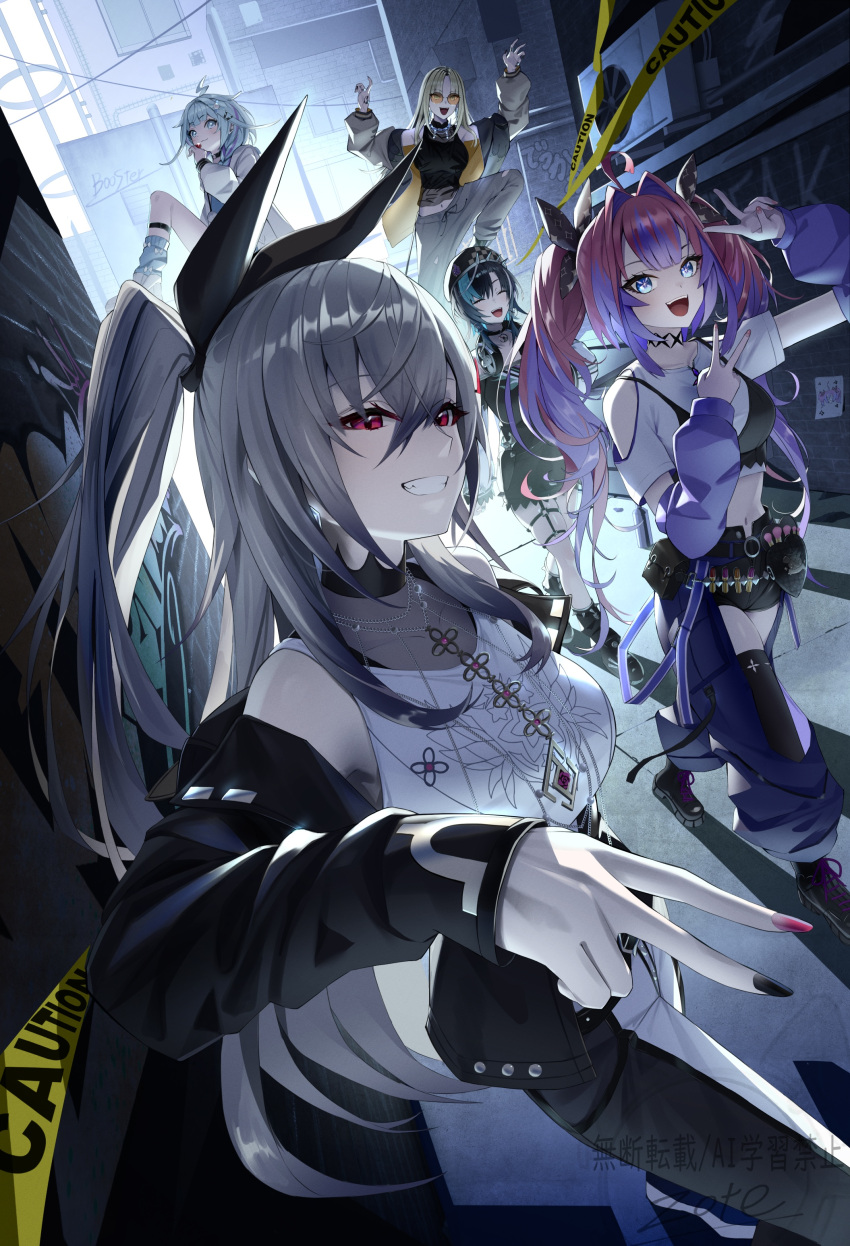 5girls, :d, absurdres, ahoge, alley, animal_print, aqua_hair, arm_warmers