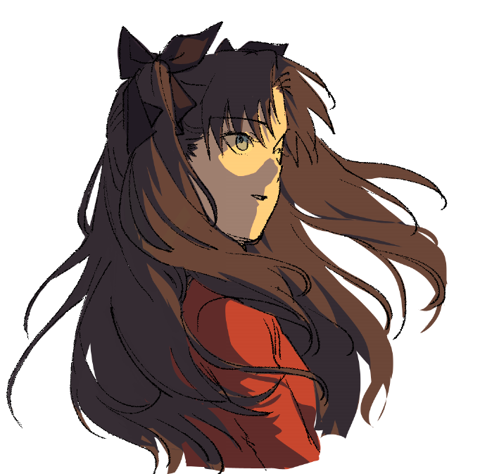 1girl, black_bow, blue_eyes, bow, brown_hair, commentary_request, cropped_torso, ehddmftk, fate/stay_night, fate_(series), floating_hair, from_side, hair_between_eyes, hair_bow, korean_commentary, long_hair, long_sleeves, looking_to_the_side, open_mouth, parted_bangs, red_sweater, simple_background, smile, solo, sweater, tohsaka_rin, two_side_up, upper_body, white_background