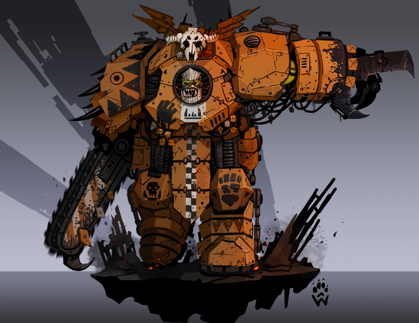 absurdres, alternate_species, armor, artist_logo, cable, chainsword, checkered_print, colored_skin