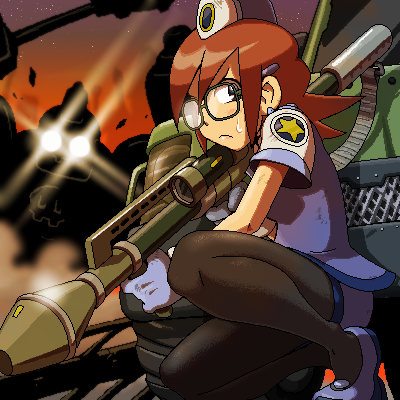 denise_marmalade, fire, glasses, gloves, gustaff, lowres, mecha, motor_vehicle, napo, oekaki, pantyhose, police, police_uniform, rocket_launcher, rockman, rockman_dash, thigh-highs, thighhighs, tron_bonne, tron_ni_kobun, uniform, vehicle, weapon