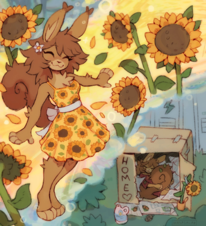 1girl, animal_ears, box, brown_fur, brown_hair, cardboard_box, closed_eyes, commentary