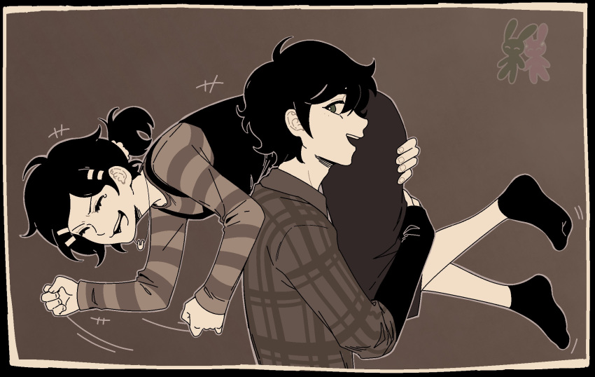 +++, 1boy, 1girl, :d, ^_^, adam's_apple, aged_down, ahoge