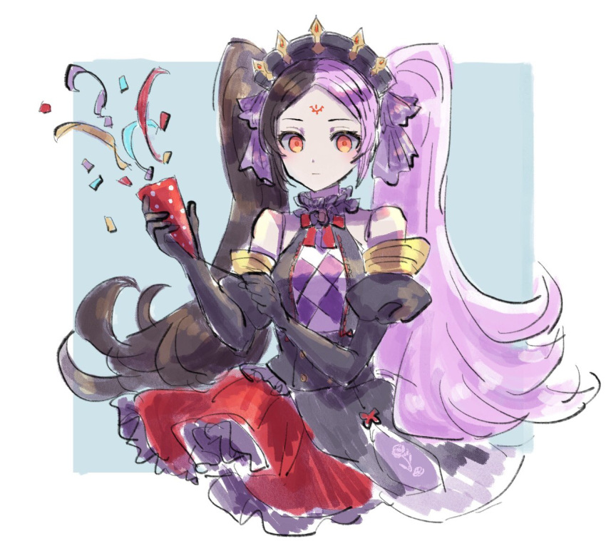 1girl, bad_id, bad_twitter_id, bare_shoulders, breasts, chaos_dorloto_(grimms_notes), closed_mouth, doll_joints, forehead_tattoo, grimms_notes, hand_up, holding, holding_party_popper, joints, looking_at_viewer, multicolored_hair, party_popper, pink_hair, red_eyes, red_skirt, skirt, solo, split-color_hair, sugoifuna, tattoo, twintails, upper_body
