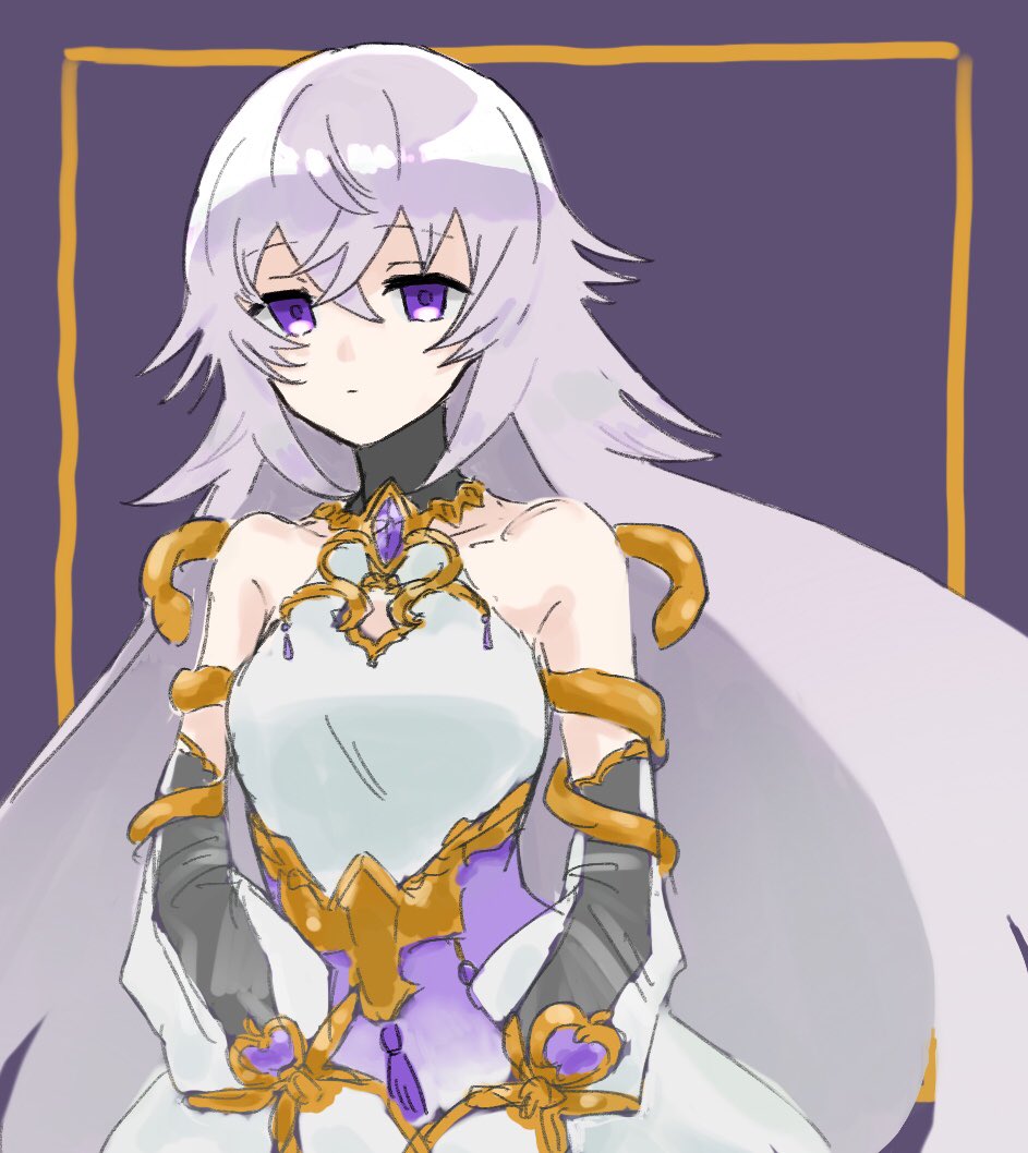 1girl, bad_id, bad_twitter_id, bare_shoulders, black_bridal_gauntlets, breasts, bridal_gauntlets, cleavage_cutout, closed_mouth, clothing_cutout, crossed_bangs, detached_sleeves, grimms_notes, hair_between_eyes, kagami_sei_no_kote_(grimms_notes), long_hair, magic_mirror_(grimms_notes), medium_breasts, purple_background, purple_hair, see-through_clothes, see-through_sleeves, solo, sugoifuna, upper_body, very_long_hair, violet_eyes