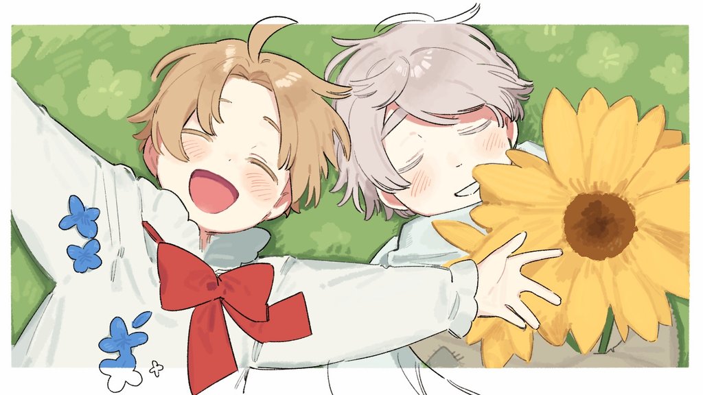 2boys, aged_down, ahoge, america_(hetalia), axis_powers_hetalia, b_b_8681, blonde_hair, blue_flower