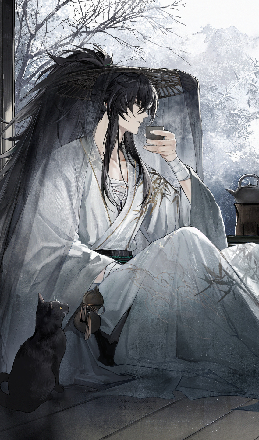 1boy, absurdres, bandaged_arm, bandaged_chest, bandages, black_hair, black_sash, cat