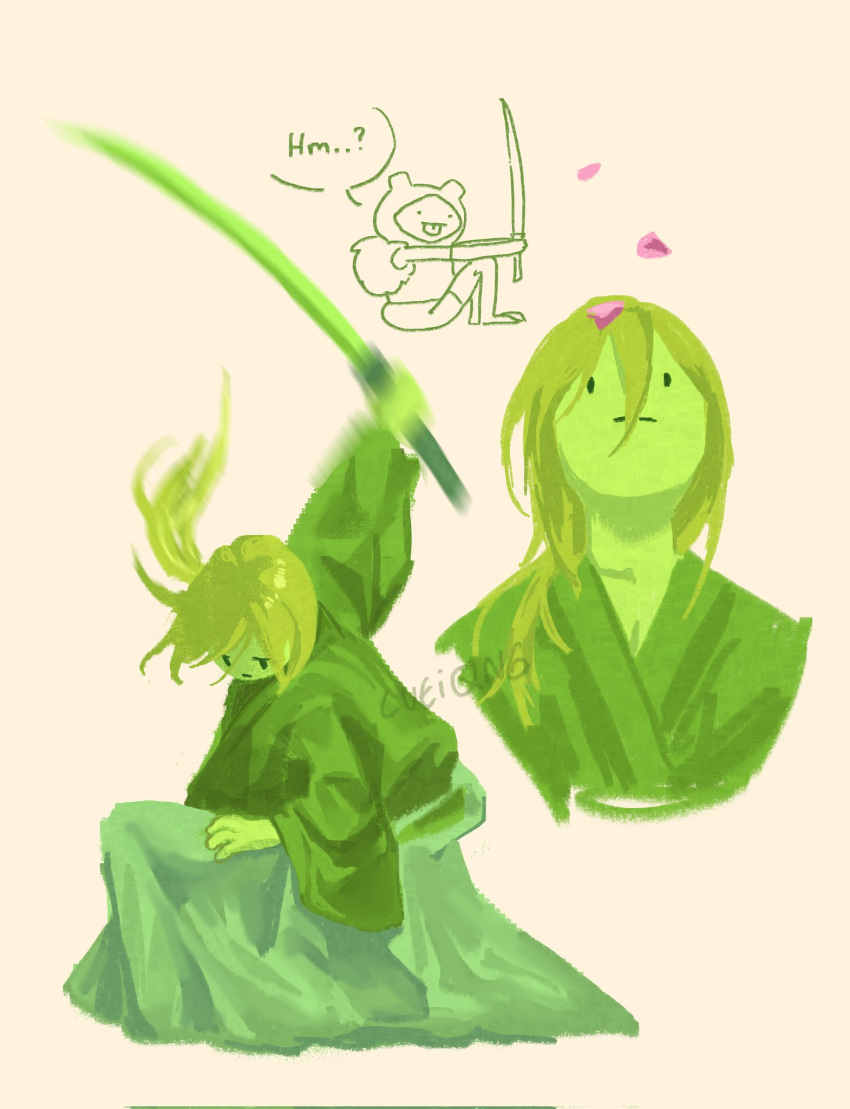 1boy, adventure_time, closed_mouth, dress, fern_(adventure_time), grass_sword_(adventure_time), green_dress, green_hair, highres, holding, holding_sword, holding_weapon, japanese_clothes, long_hair, luei_qng, monster_boy, petals, plant, plant_boy, plant_hair, samurai, sword, weapon