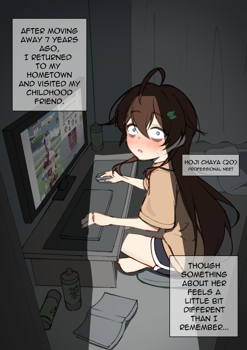 1girl, absurdres, ahoge, bad_feet, bags_under_eyes, barefoot, blue_eyes, blush
