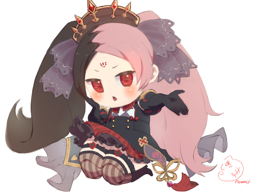 121arumaji6, 1girl, artist_name, black_hair, blowing_kiss, blush, buttons, chaos_dorloto_(grimms_notes), chibi, chibi_only, doll_joints, elbow_gloves, forehead_tattoo, frilled_skirt, frills, full_body, gloves, gold_buttons, grimms_notes, happy_birthday, head_rest, highres, joints, long_hair, multicolored_hair, outstretched_arm, pink_hair, protected_link, red_eyes, red_skirt, skirt, solo, split-color_hair, striped_clothes, striped_thighhighs, tattoo, textless_version, thigh-highs, twintails, very_long_hair