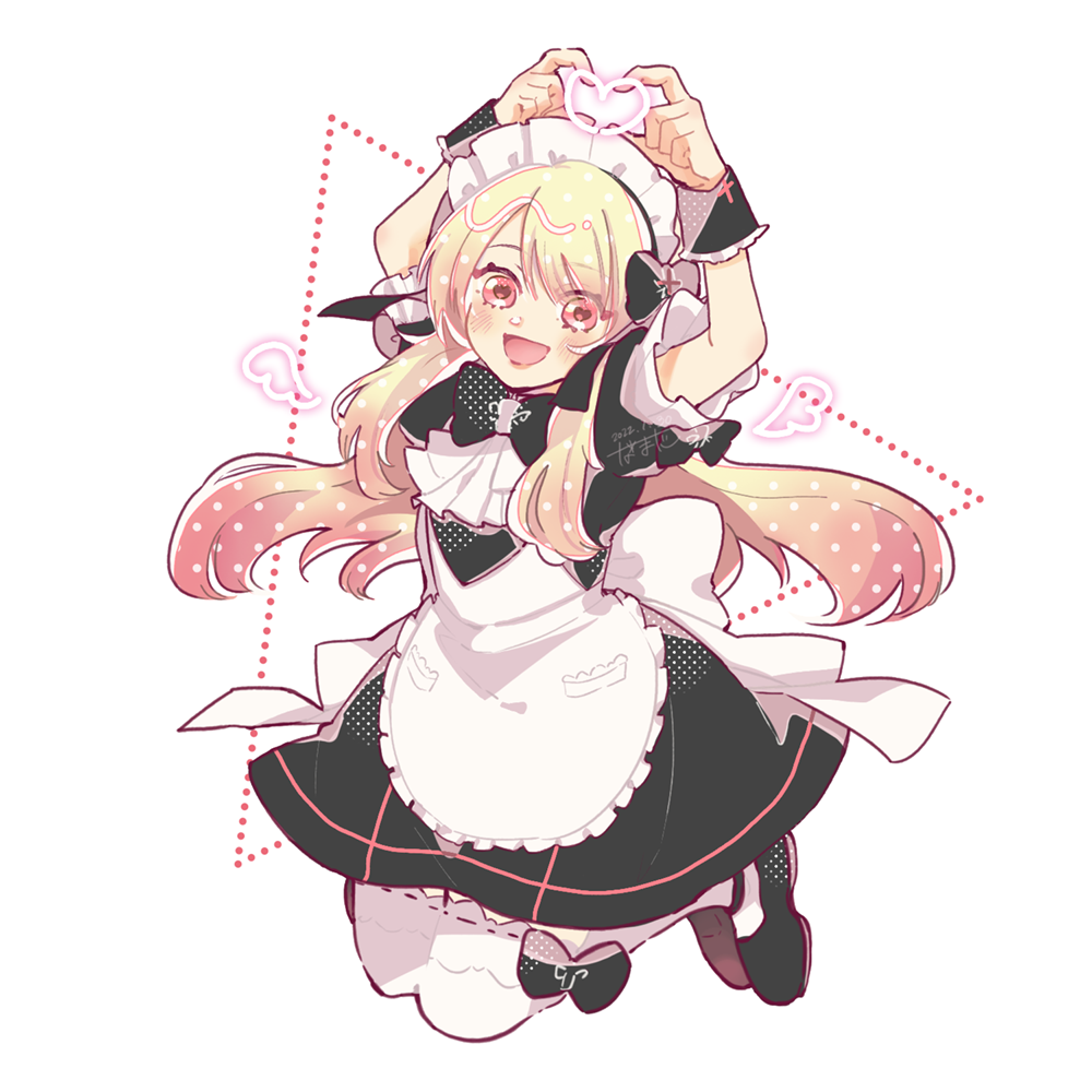 1girl, apron, arms_up, black_dress, black_shoes, blonde_hair, chaos_marie_(grimms_notes), dress, full_body, grimms_notes, heart, heart_hands, long_sidelocks, looking_at_viewer, maid, maid_apron, namata, open_mouth, pink_eyes, shoes, sidelocks, smile, solo, thigh-highs, white_apron, white_thighhighs