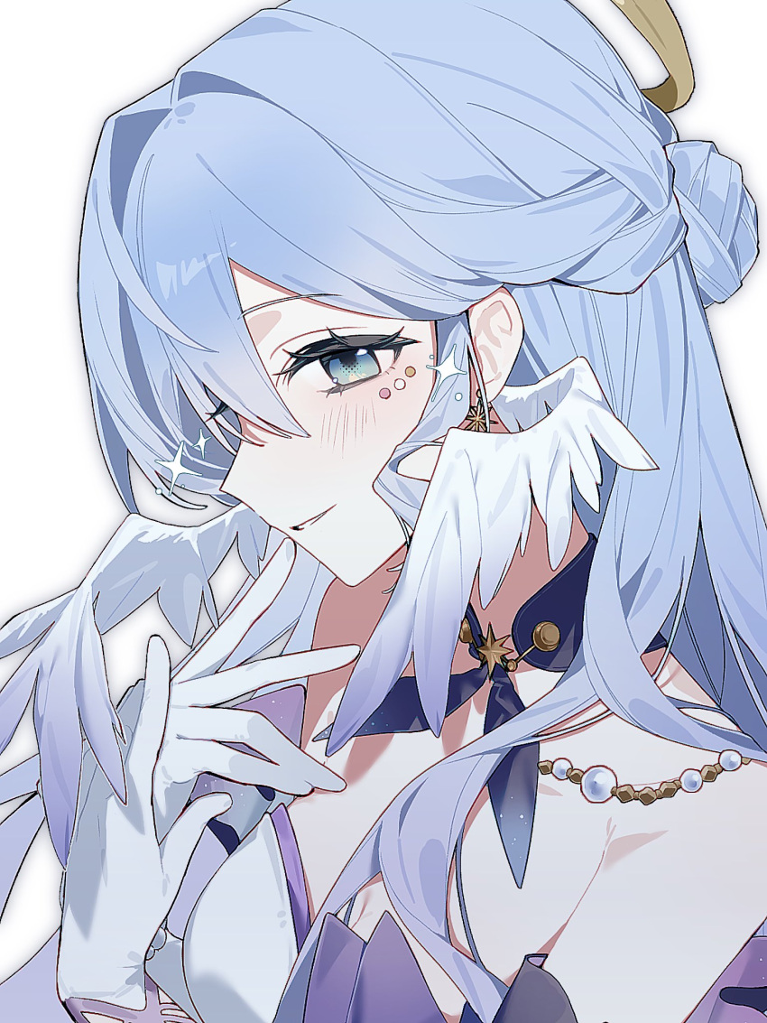 1girl, aqua_eyes, blue_hair, collar, commentary, dress, e9_f72, face_jewel, gloves, halo, halo_behind_head, head_wings, highres, honkai:_star_rail, honkai_(series), jewel_under_eye, jewelry, parted_lips, purple_collar, purple_dress, robin_(honkai:_star_rail), simple_background, smile, solo, two-tone_dress, untranslatable_commentary, upper_body, white_background, white_gloves, white_wings, wings