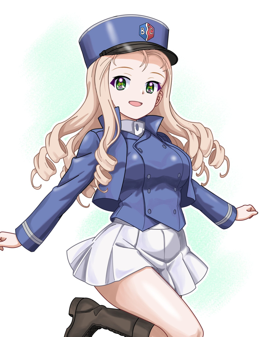 1girl, bc_freedom_(emblem), bc_freedom_military_uniform, blonde_hair, blue_jacket, commentary_request, drill_hair, emblem