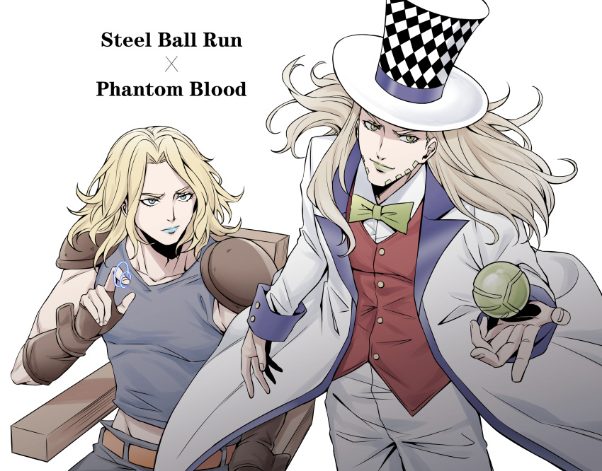 2boys, absurdres, ball, blonde_hair, blue_eyes, blue_lips, blue_shirt, copyright_name, cosplay, gyro_zeppeli, hat, highres, holding, holding_ball, johnny_joestar, jojo_no_kimyou_na_bouken, jonathan_joestar, jonathan_joestar_(cosplay), lsf_(805661342), multiple_boys, muscular, muscular_male, name_connection, pants, phantom_blood, shirt, smile, steel_ball_run, suit, top_hat, white_background, white_hat, white_pants, white_suit, will_anthonio_zeppeli, will_anthonio_zeppeli_(cosplay)
