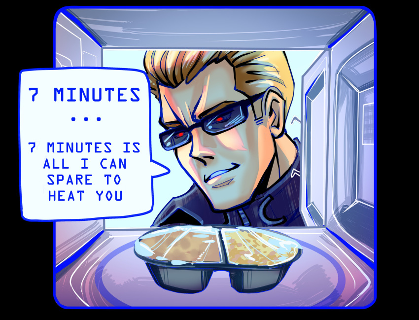 1boy, absurdres, albert_wesker, blonde_hair, blue_fayt, commentary, english_commentary, english_text