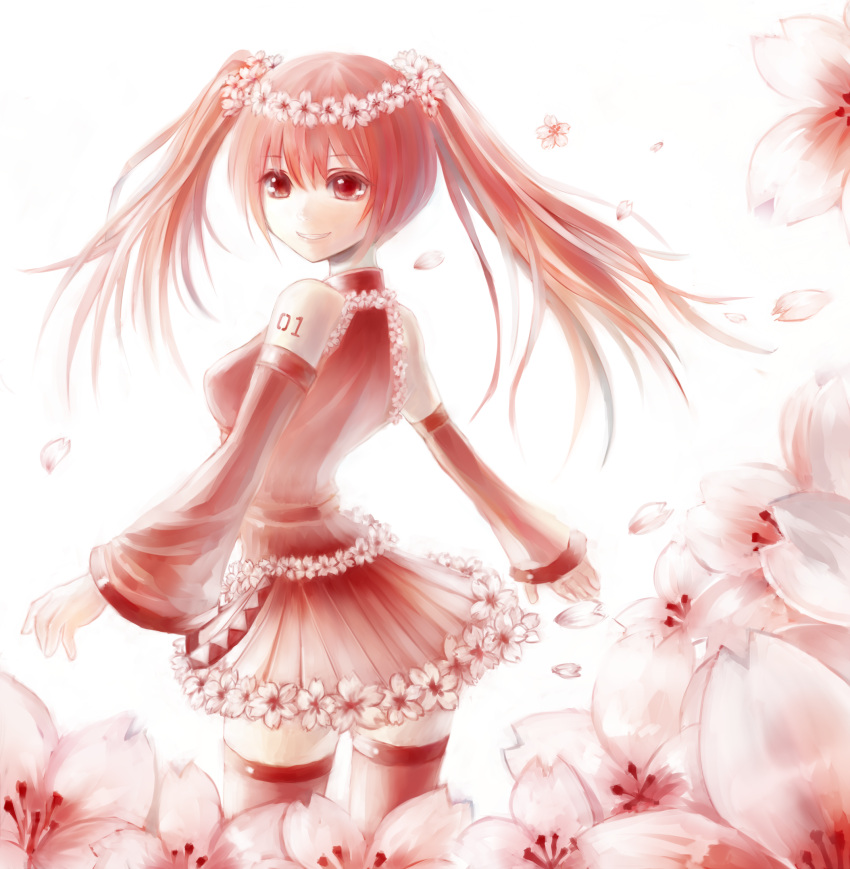 akubi_(fyfy), bad_id, cherry_blossoms, detached_sleeves, hatsune_miku, head_wreath, highres, long_hair