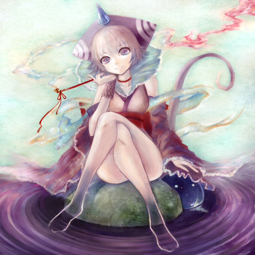 akubi_(fyfy), brown_hair, capcom, chameleos, crossed_legs, detached_sleeves, highres, horn
