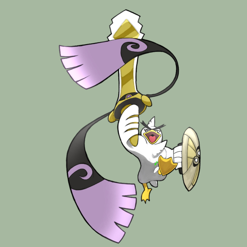 aegislash, bird, commentary_request, fighting_stance, full_body, highres, holding, holding_shield