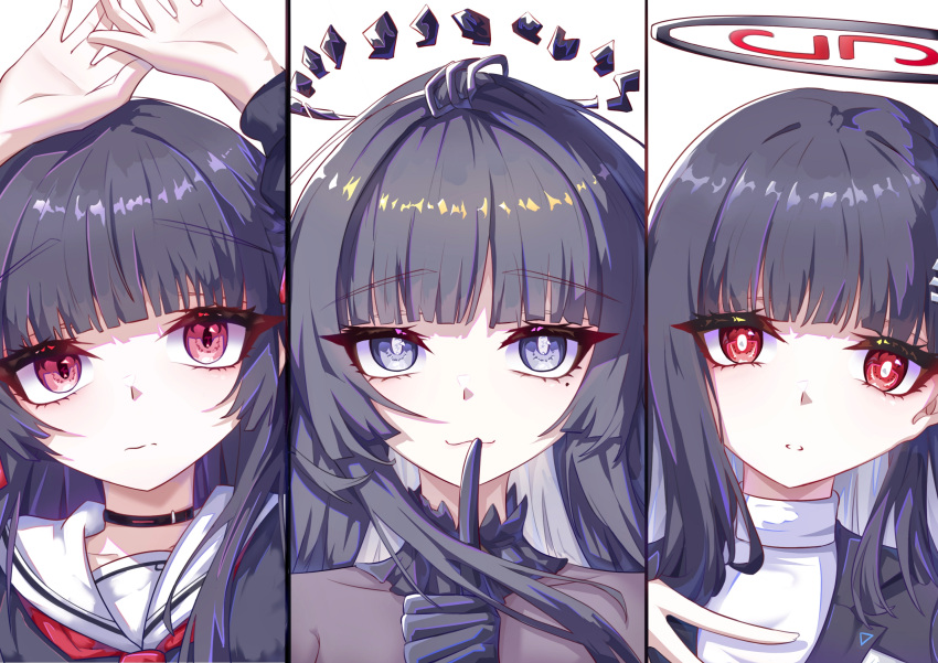 3girls, arknights, black_choker, black_eyes, black_gloves, black_hair, black_jacket, black_serafuku