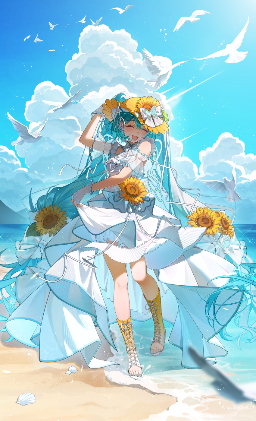 1girl, absurdres, aqua_hair, aqua_nails, bare_shoulders, boots, bow, closed_eyes