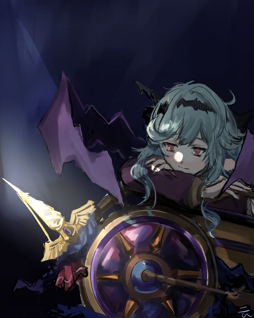 1girl, absurdres, aqua_hair, bare_shoulders, black_hairband, cannon, chaos_aurora_(grimms_notes), closed_mouth