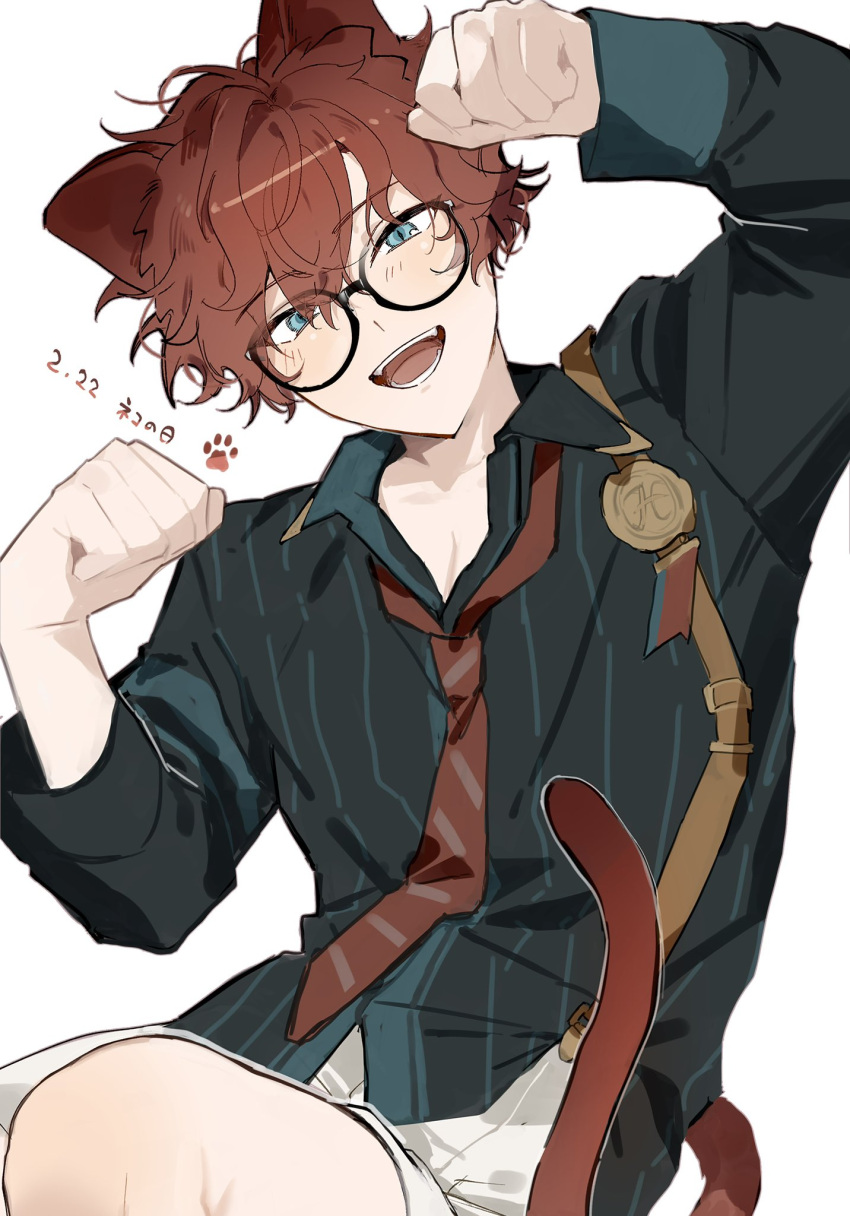 1boy, :d, amagi_hiiro, arm_up, bespectacled, black-framed_eyewear, blue_eyes, blue_shirt, cat_boy, cat_day, cat_tail, commentary_request, contrast_suspenders, dated, ensemble_stars!, glasses, hair_between_eyes, highres, ic_(icicic7210), kemonomimi_mode, light_blush, long_sleeves, loose_necktie, male_focus, necktie, open_collar, open_mouth, paw_pose, red_hair, red_necktie, shirt, shorts, simple_background, single_suspender, slit_pupils, smile, solo, striped_clothes, striped_necktie, striped_shirt, tail, teeth, wavy_hair, white_background, white_shorts
