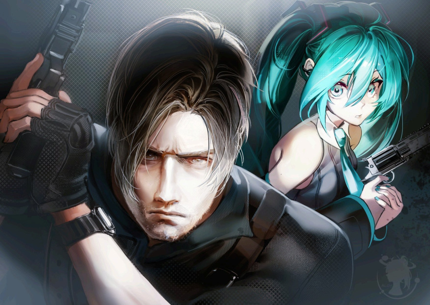 1boy, 1girl, aloygalaxy, artist_logo, bare_shoulders, blue_eyes, blue_hair, blue_nails