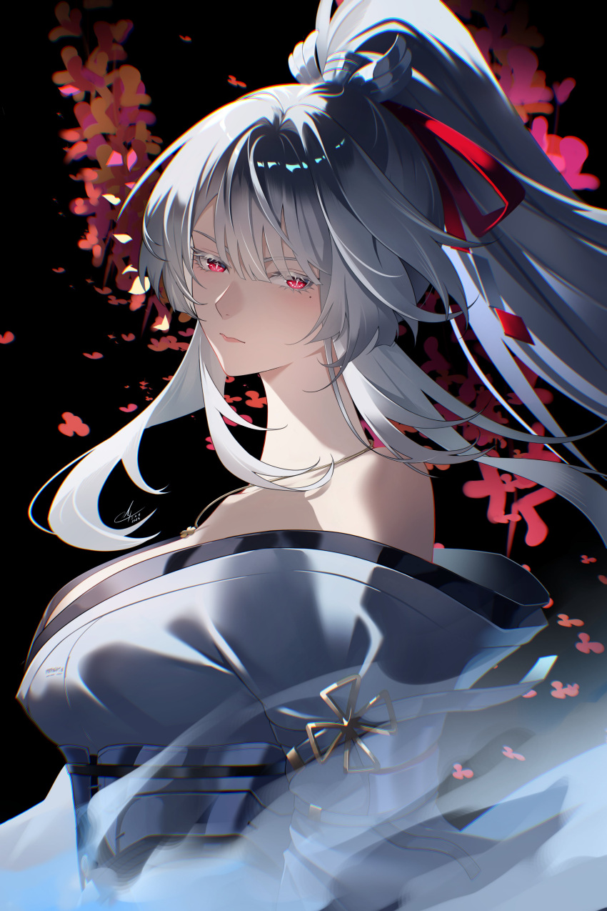 1girl, absurdres, bare_shoulders, breasts, closed_mouth, colored_eyelashes, commentary, from_side