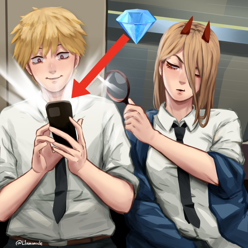 1boy, 1girl, absurdres, arrow_(symbol), black_necktie, black_pants, blonde_hair, blue_jacket
