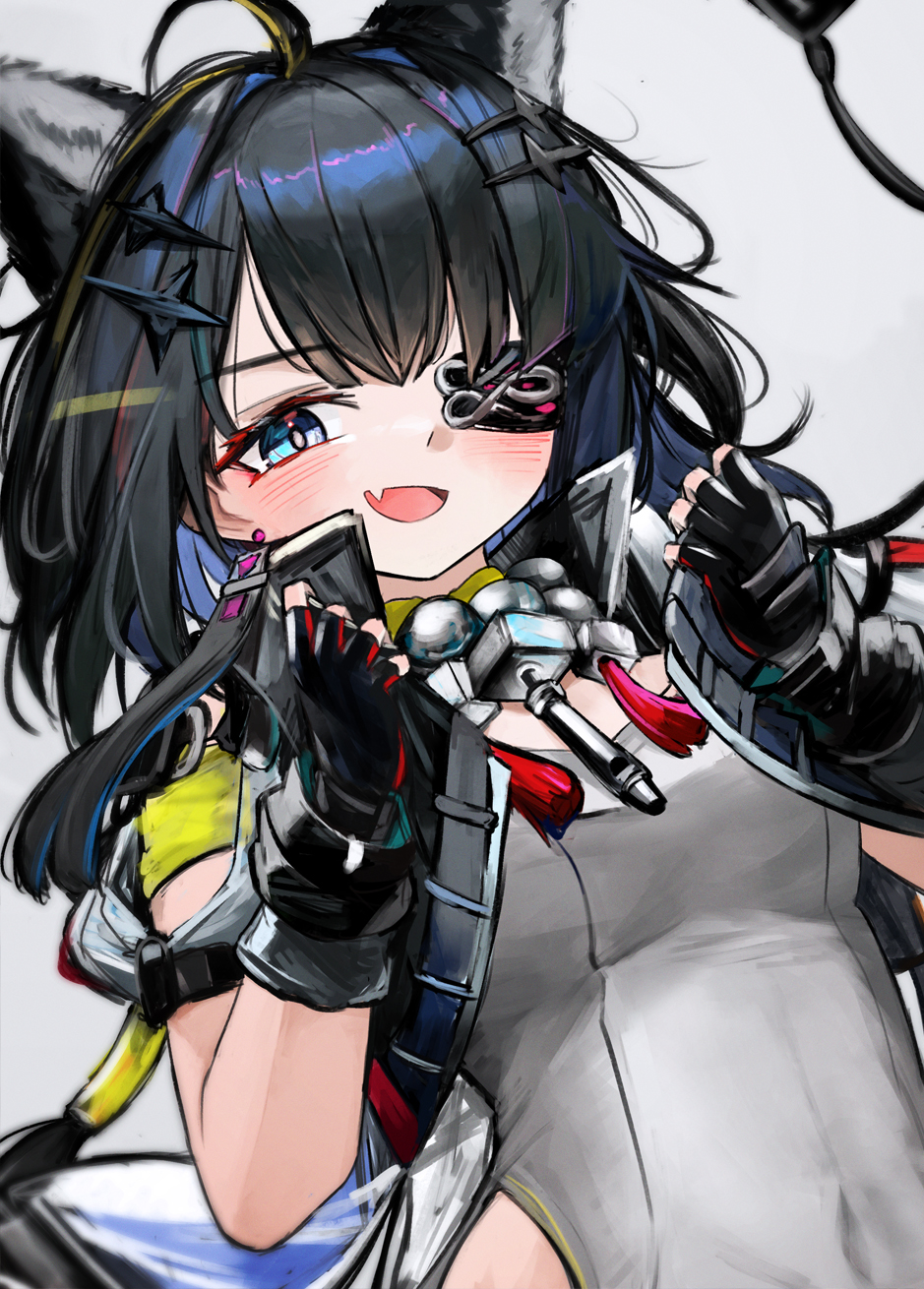 1girl, :d, arknights, arknights:_endfield, black_gloves, black_hair, blue_eyes, blush
