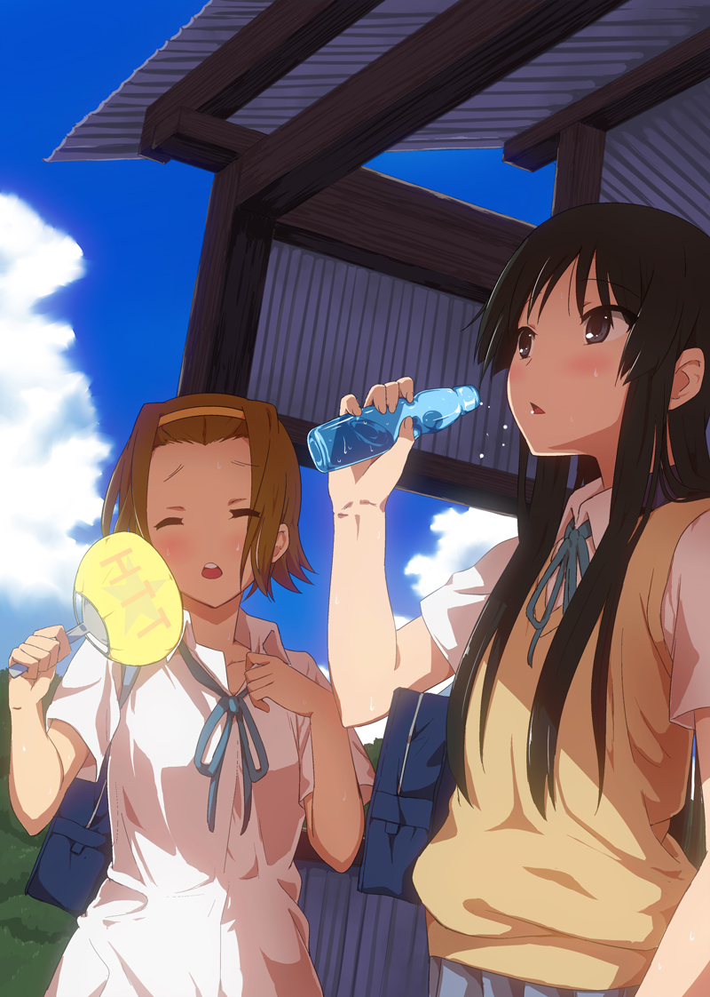 black_eyes, black_hair, bottle, brown_hair, closed_eyes, eyes_closed, fan, girock, hot, k-on!, long_hair, paper_fan, ramune, school_uniform, short_hair, sweater_vest, tainaka_ritsu, uchiwa