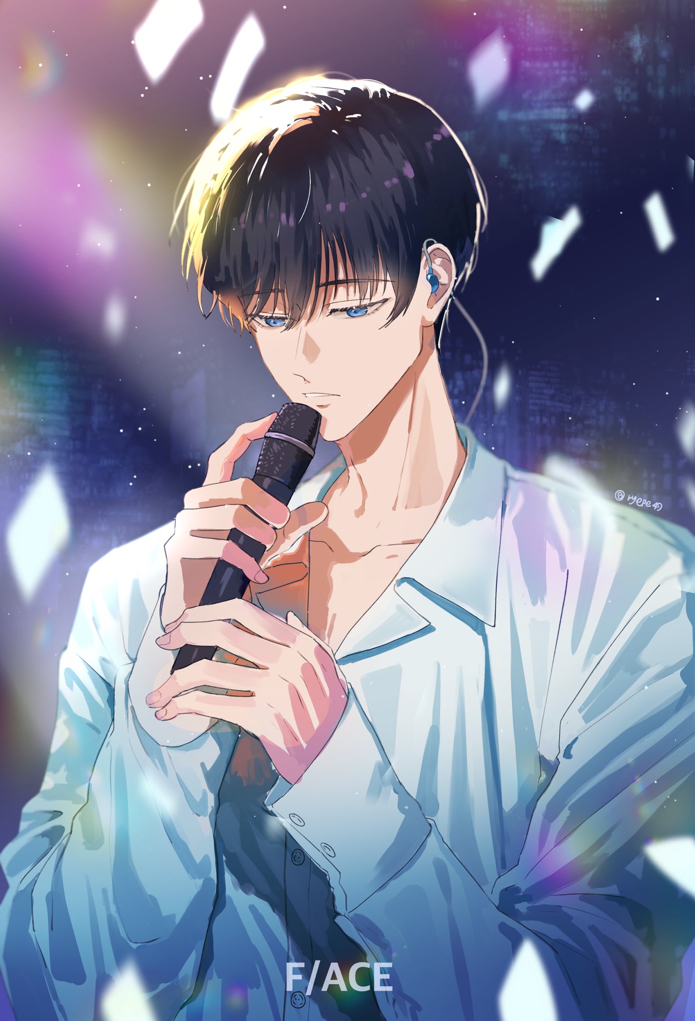 1boy, black_hair, blue_eyes, confetti, hair_between_eyes, highres, holding, holding_microphone