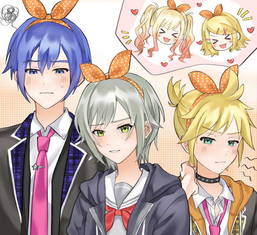 2boys, 3girls, 6_chair, absurdres, aqua_eyes, ben-day_dots, black_choker, black_jacket