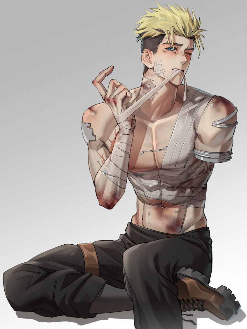 1boy, absurdres, amputee, arm_up, armless_amputee, bandage_in_mouth, bandaged_arm, bandaged_chest