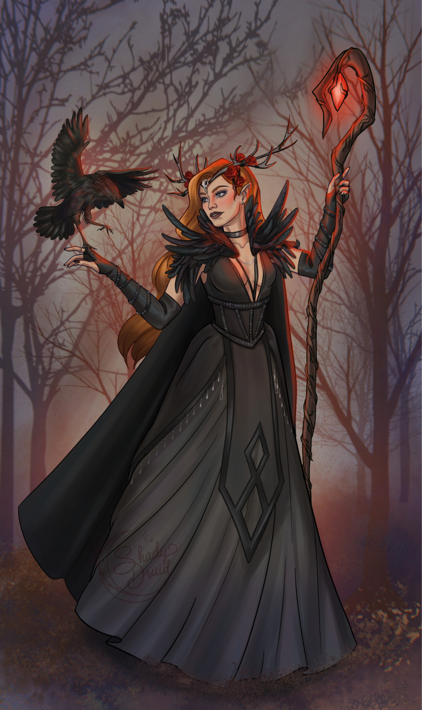 1girl, bird, bird_on_hand, bird_skull_ornament, black_cape, black_dress, black_feathers, black_lips