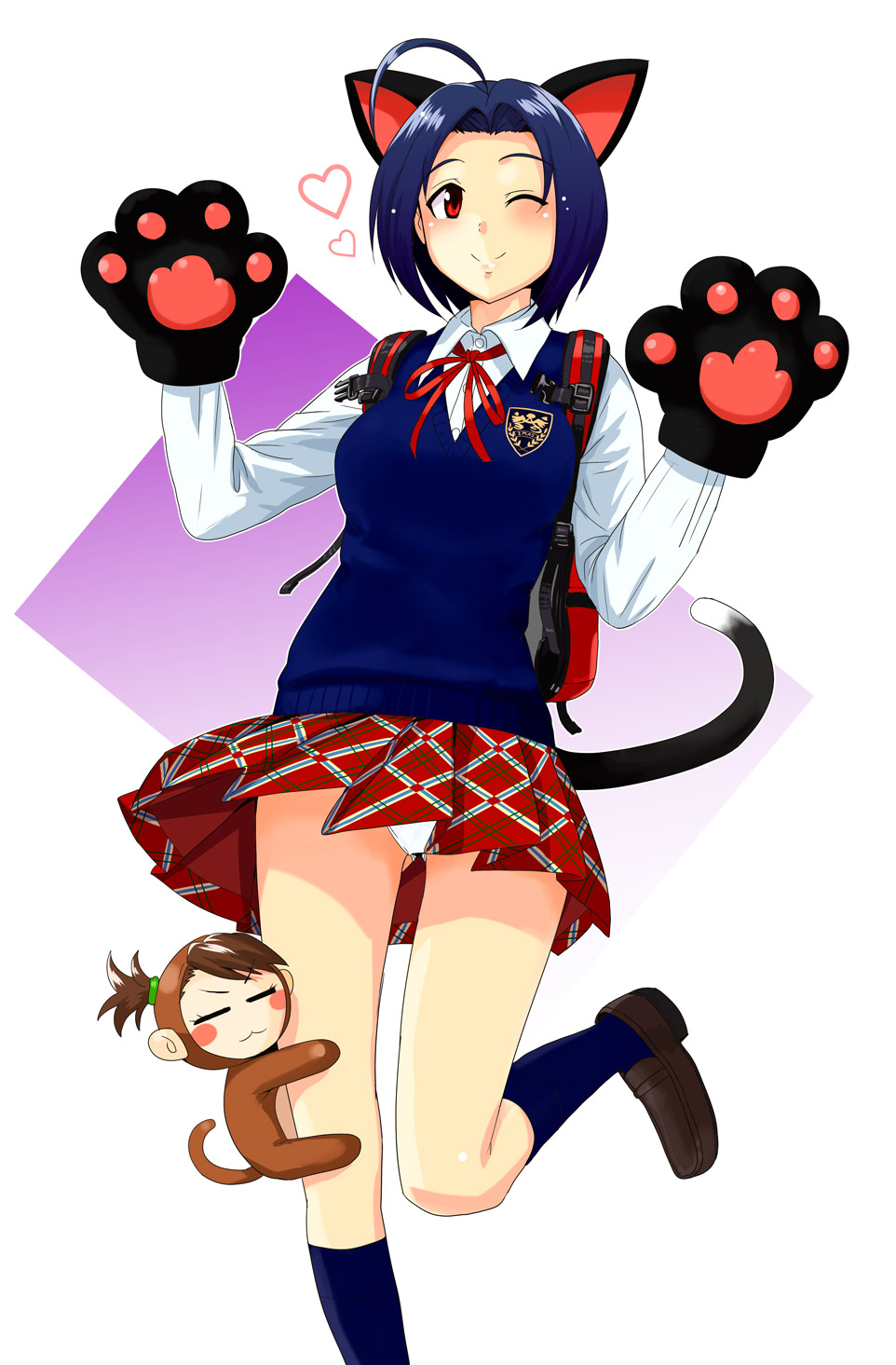 animal_costume, animal_ears, backpack, bag, blue_hair, cat_ears, cat_paws, cat_tail