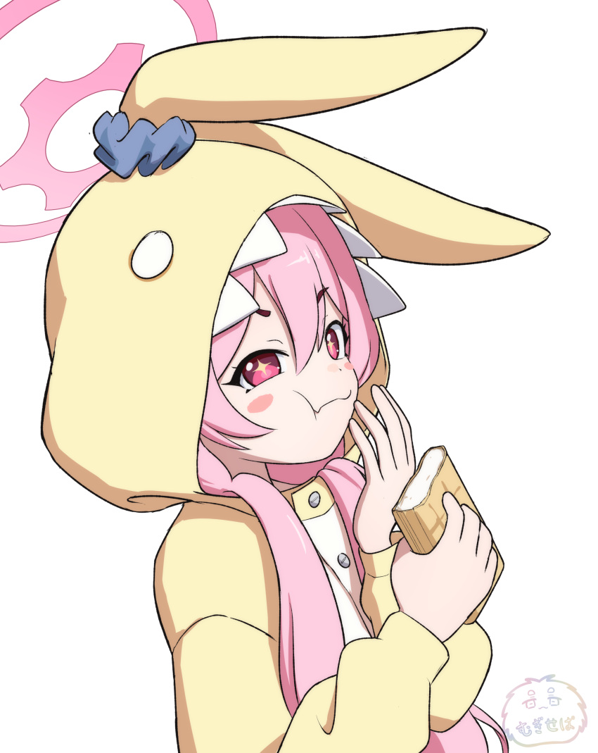 1girl, absurdres, animal_ears, blue_archive, blue_scrunchie, blush_stickers, chewing, closed_mouth