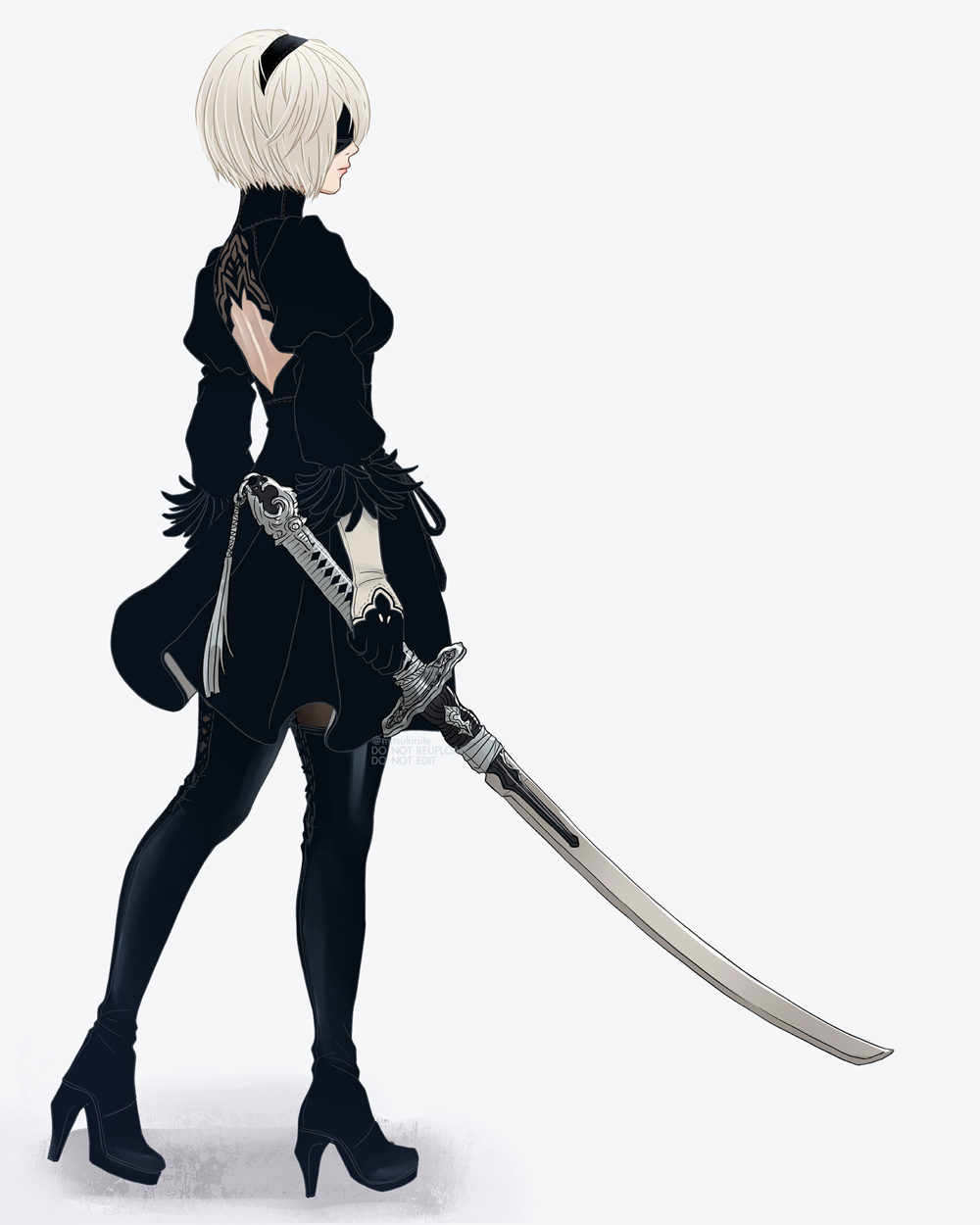 1girl, 2b_(nier:automata), back, back_cutout, black_dress, black_hairband, black_thighhighs, blindfold
