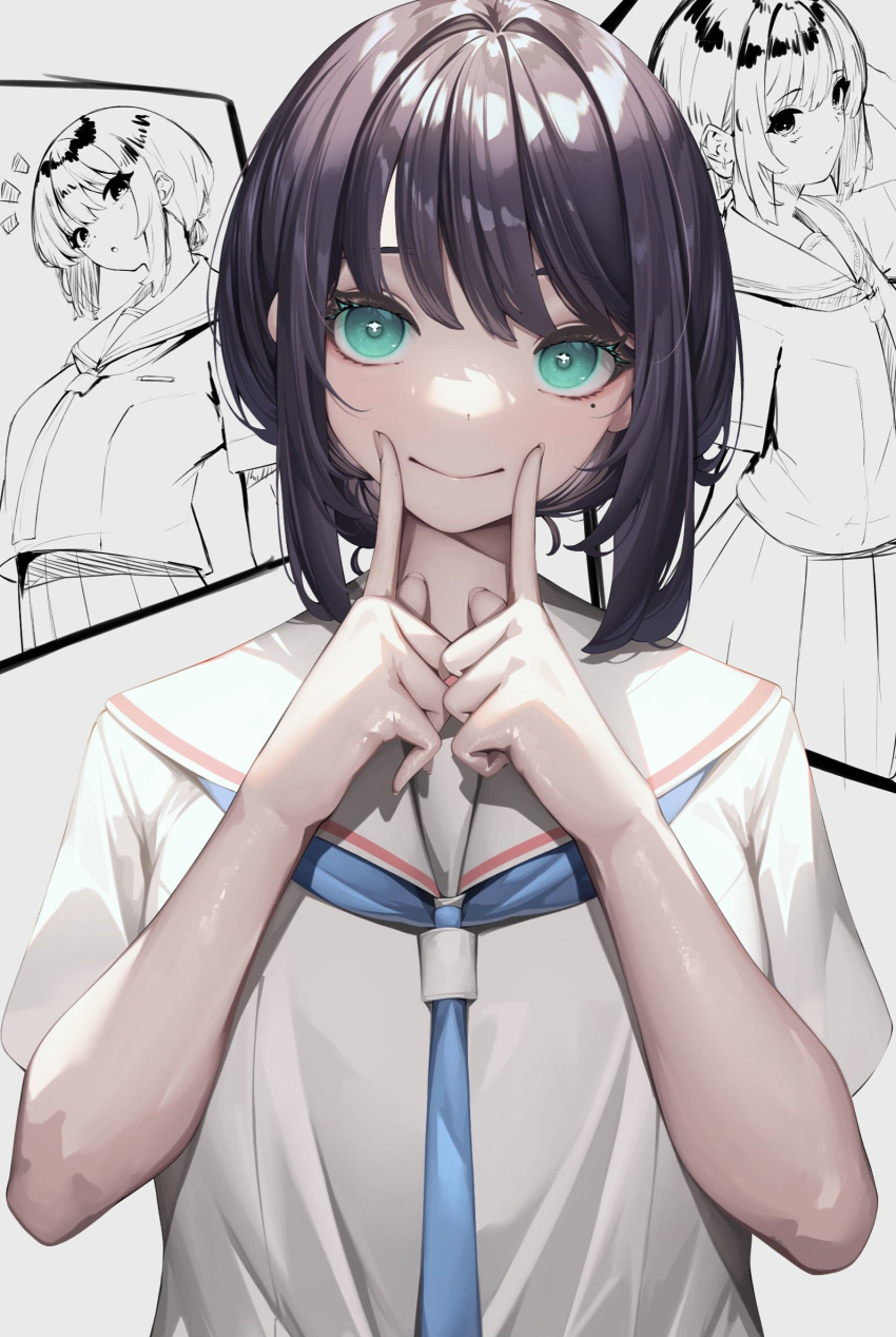 1girl, aoi_gorilla, black_hair, cho_kaguya-hime!, commentary_request, green_eyes, greyscale, highres