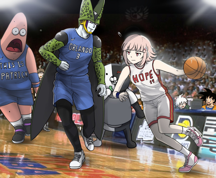 1girl, 5boys, ball, basketball, basketball_(object), basketball_uniform, black_hair, breasts