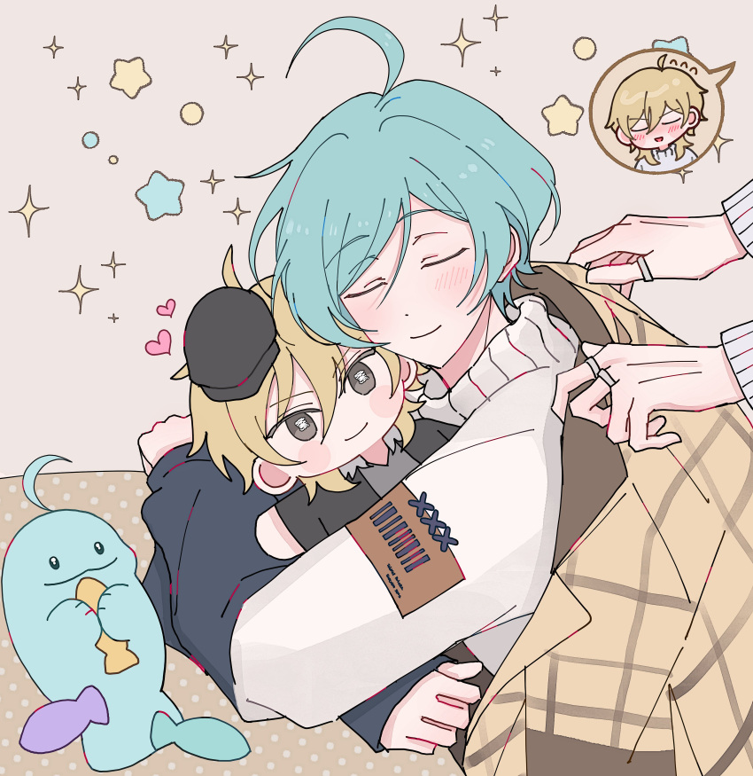 2boys, absurdres, ahoge, black_sleeves, blonde_hair, blush, brown_background, brown_jacket