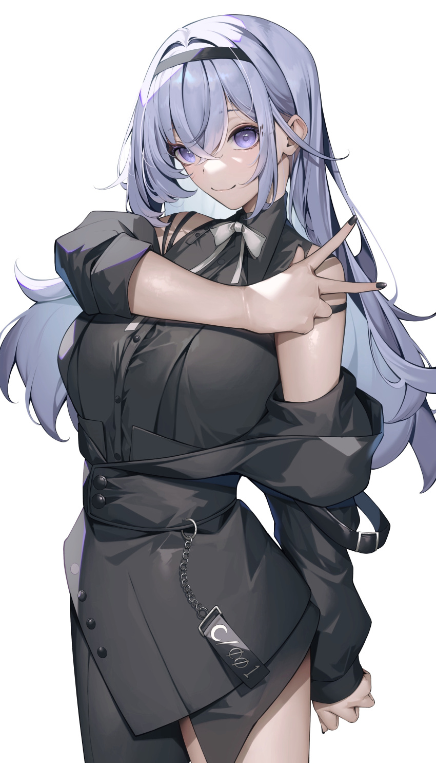 1girl, absurdres, alternate_costume, aoi_gorilla, black_background, black_dress, black_jacket, black_nails
