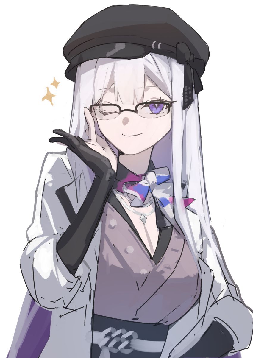 1girl, absurdres, black_gloves, black_hat, black_shirt, breasts, colored_inner_hair, commentary