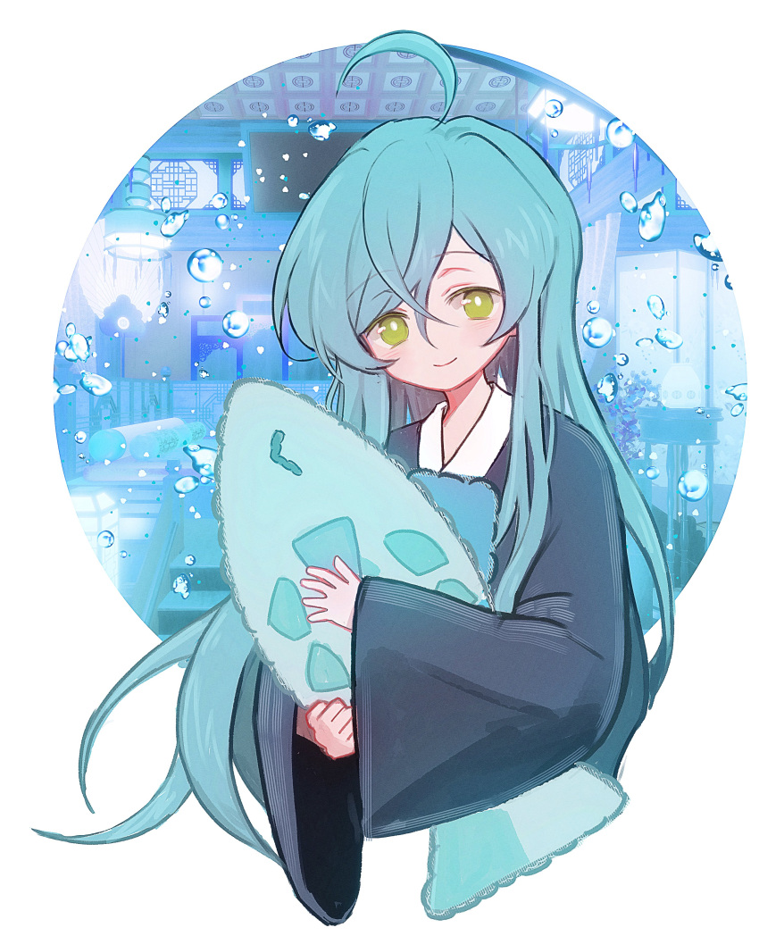 1boy, absurdres, aged_down, ahoge, air_bubble, aqua_hair, black_kimono, blue_background