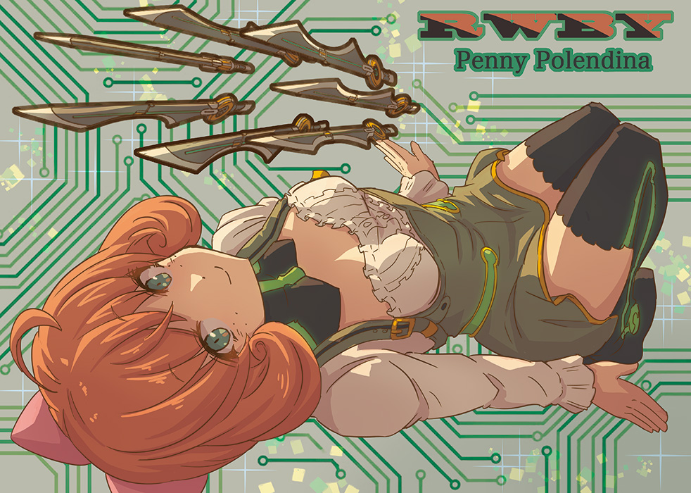 1girl, ahoge, aqua_eyes, black_collar, boots, bow, breasts, breasts_apart, character_name, circuit_board_background, closed_mouth, collar, commentary_request, copyright_name, curly_hair, dress, floating, floating_array_(rwby), floating_object, floating_sword, floating_weapon, freckles, frilled_collar, frills, full_body, glowing_trim, green_background, green_collar, green_dress, green_trim, hair_bow, knees_up, long_sleeves, looking_at_viewer, low_neckline, lying, medium_hair, moai_(moai_world), on_back, orange_hair, penny_polendina, pink_bow, rwby, shirt, short_dress, sleeveless, sleeveless_dress, small_breasts, smile, solo, sparkle, sword, thigh_boots, two-tone_collar, weapon, white_shirt, zettai_ryouiki