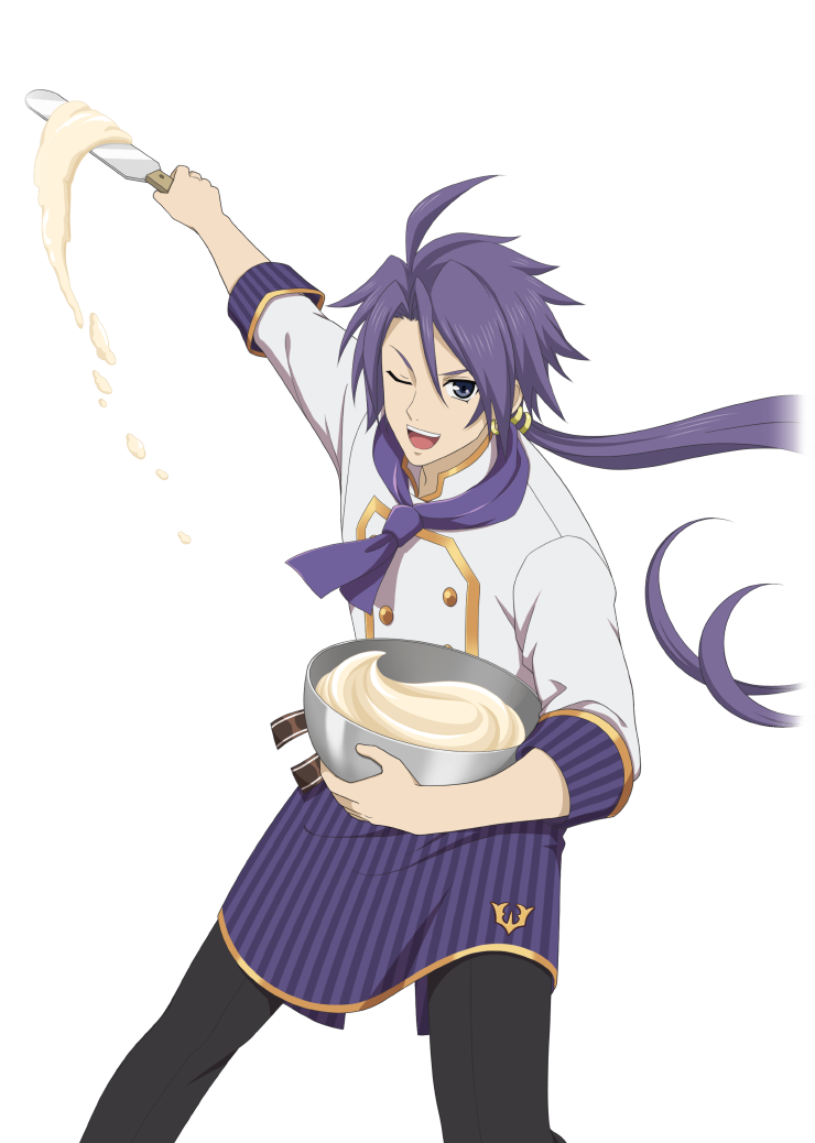 1boy, ahoge, arm_up, artist_request, black_pants, blue_eyes, cowboy_shot, decus_(tales), decus_(white_day)_(tales), game_cg, holding, long_hair, looking_at_viewer, male_focus, official_alternate_costume, official_art, one_eye_closed, open_mouth, pants, patissier, ponytail, purple_hair, simple_background, smile, solo, tales_of_(series), tales_of_asteria, tales_of_symphonia, tales_of_symphonia_knight_of_ratatosk, teeth, third-party_source, transparent_background, upper_teeth_only
