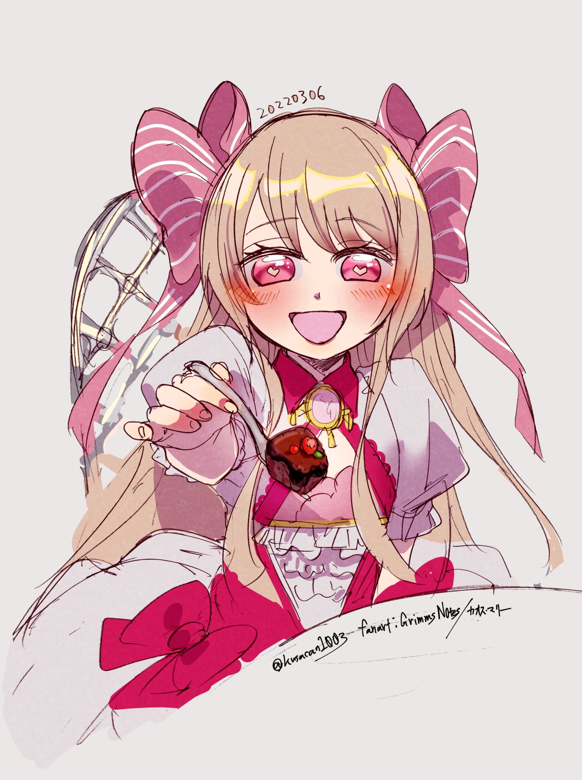 1girl, artistic_error, blonde_hair, blush, cake, cake_slice, chaos_marie_(grimms_notes), character_name, cleavage_cutout, clothing_cutout, commentary_request, copyright_name, corset, dated, fingernails, food, fork, frilled_corset, frills, grey_background, grimms_notes, heart, heart-shaped_pupils, highres, holding, holding_fork, jewelry, kusacan1003, looking_at_viewer, necklace, open_mouth, pink_eyes, puffy_short_sleeves, puffy_sleeves, short_sleeves, simple_background, solo, symbol-shaped_pupils, table, twitter_username